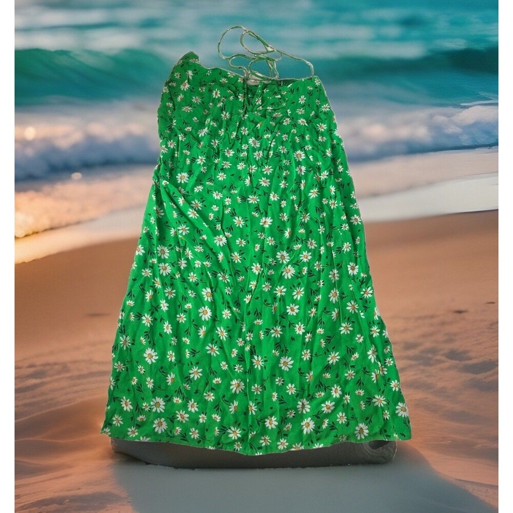 stradivarius Womens Halter Dress Slit Ruched Green Daisy Print  Size 10